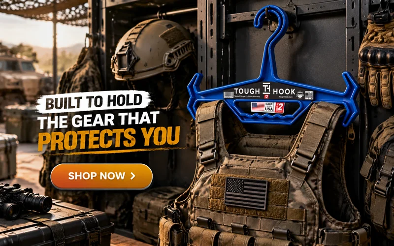 Essentials of Military Tactical Gear: Standards Unveiled | Heavy Duty Hangers by Tough Hook Tough Hook Hanger holding a military gear