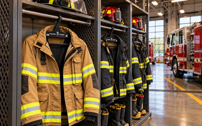 Tough Hook hangers in firehouse lockers