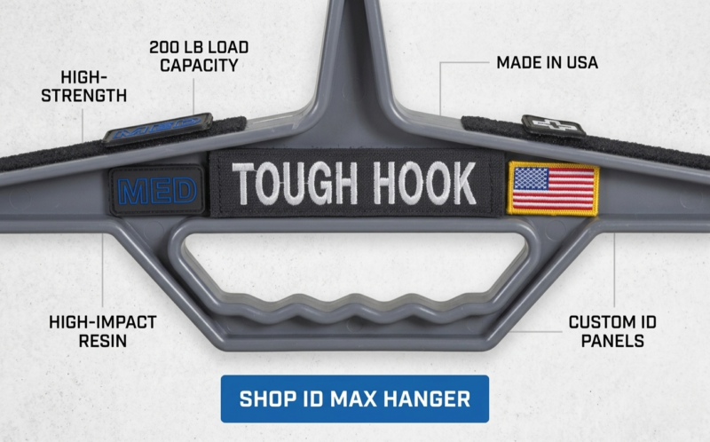 Heavy Duty Plastic Hangers for Tactical Gear | Heavy Duty Hangers by Tough Hook ID max tactical hanger