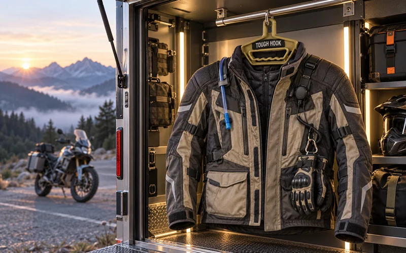 The Best Hanger for Heavy Motorcycle Jackets and Riding Gear | Heavy Duty Hangers by Tough Hook Storing a Full Riding Kit Without Disassembling It