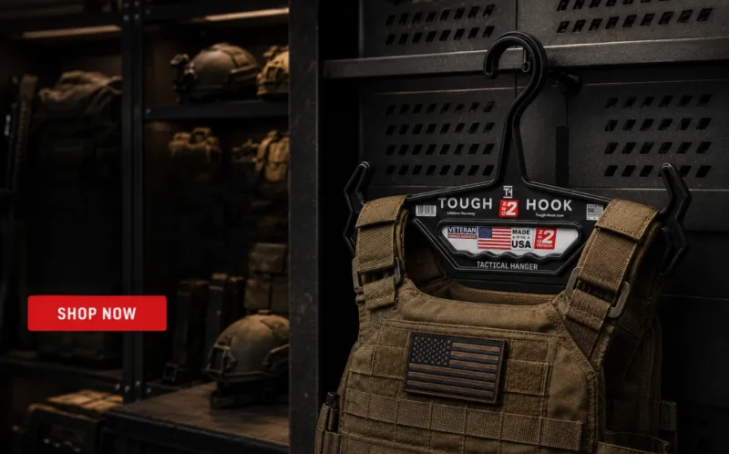 7 Real Benefits of Tactical Clothing (And What to Buy First) | Heavy Duty Hangers by Tough Hook Tough Hook heavy-duty tactical hanger holding reinforced gear