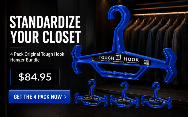 4 Pack Original Tough Hook Hanger Bundle for standardizing closet storage