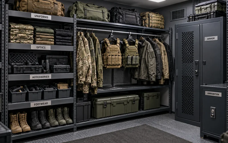 Tactical Gear Storage: Ideas, Setups, and Gear Room Builds | Heavy Duty Hangers by Tough Hook Organized Tactical Gear Storage Room