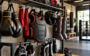 Combat Sports Gear Storage Boxing gloves, headgear, shin guards, and body protectors organized on a gym storage rack.