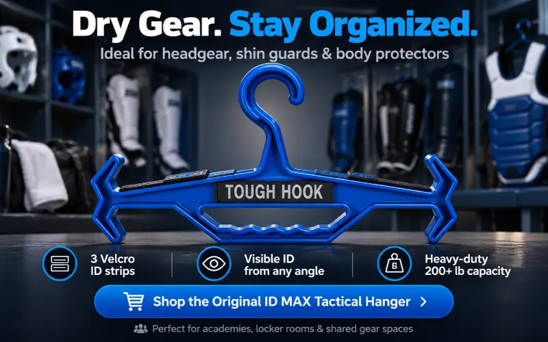 Heavy-Duty Hangers for Martial Arts and Combat Sports Gear: Store It Right | Heavy Duty Hangers by Tough Hook Blue Tough Hook Original ID MAX Tactical Hanger with three Velcro ID strips